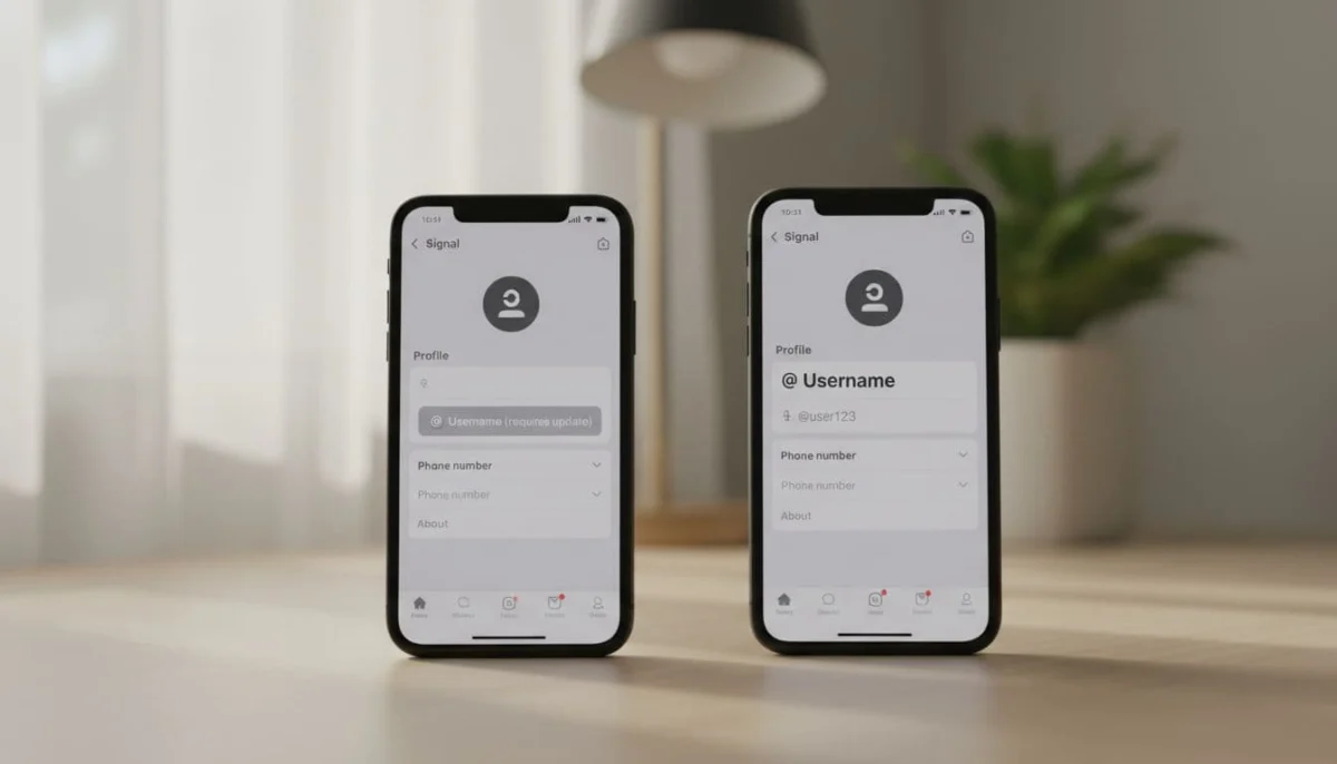 Close-up of two smartphones on a desk with natural lighting, left showing outdated Signal app profile settings with grayed-out Username field, right displaying updated version with active Username option.