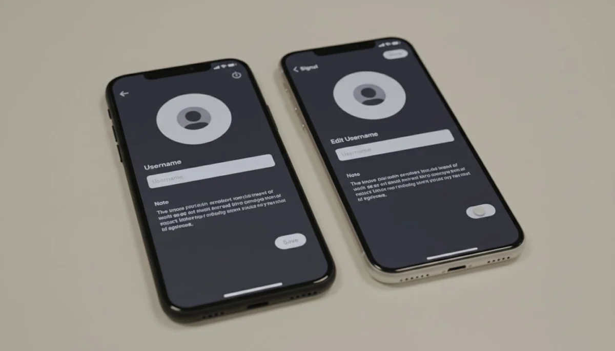 Two smartphones side by side, one Android and one iPhone, displaying identical Signal profile username settings screens with subtle UI differences in icons and fonts. Placed on a neutral desk with soft overhead lighting, realistic photography style, no people or hands visible.