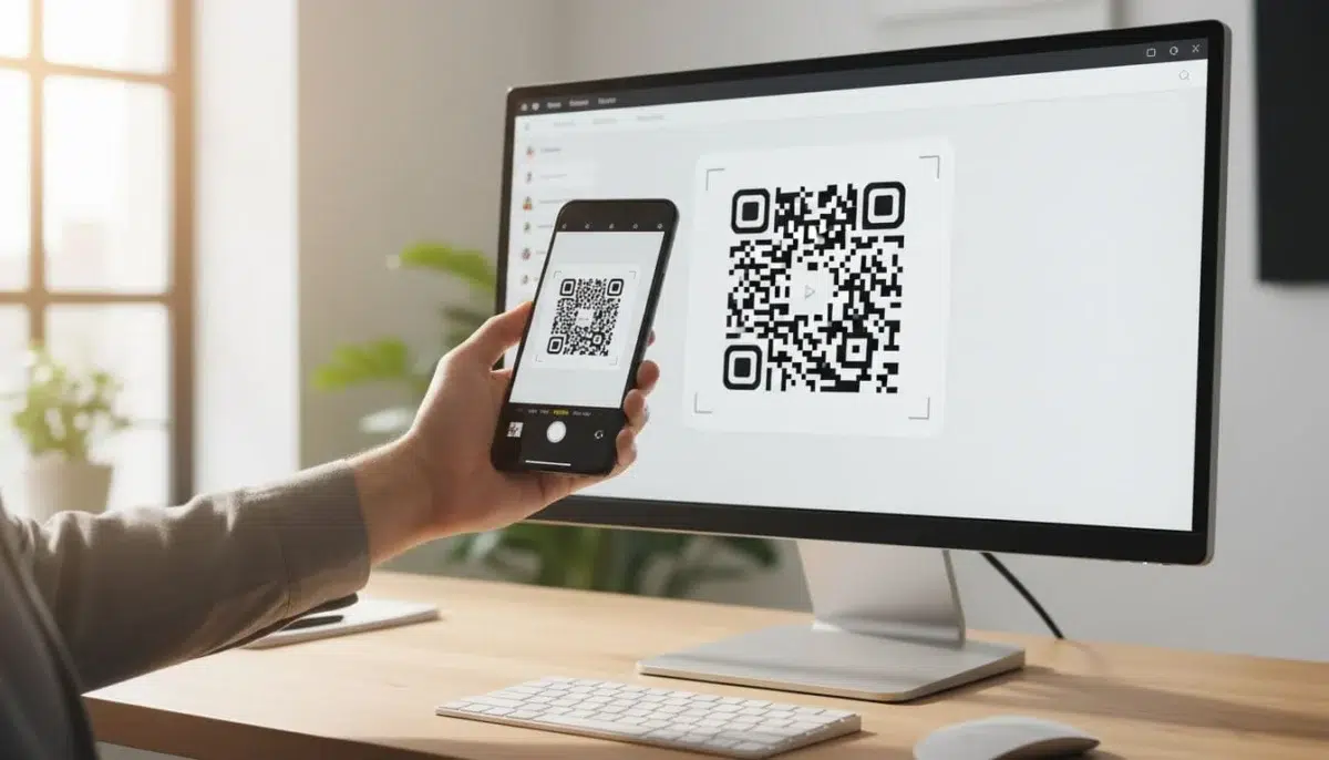 A hand holding a smartphone scans a QR code on a computer screen with Viber Desktop open, in a modern workspace setup with natural light and clean composition focused on the scanning action.