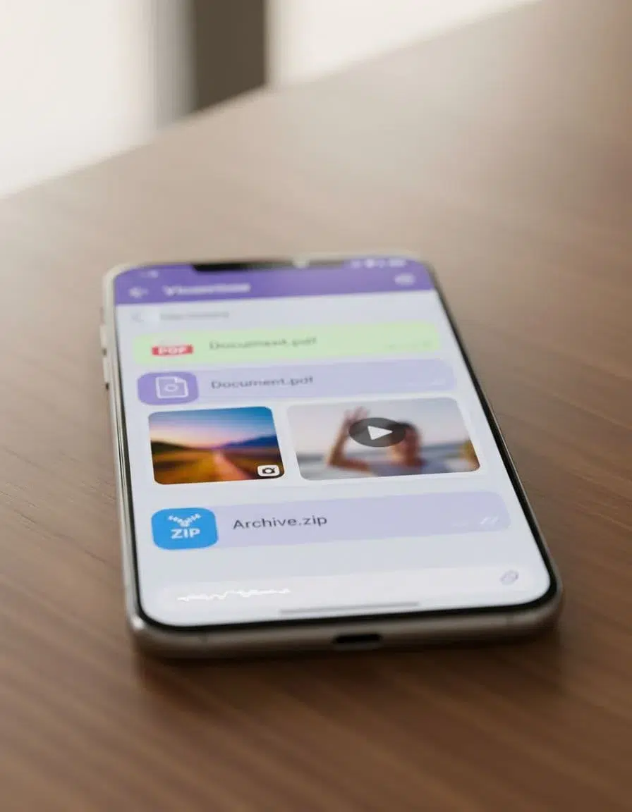 Mobile phone screen showing Viber chat interface with various supported file types: PDF document, photo image, video thumbnail, and ZIP archive. Realistic style with soft lighting, phone on table, no hands or extra devices.