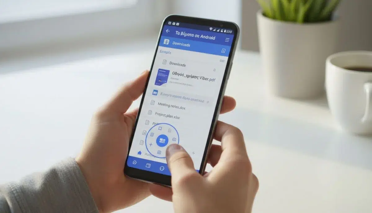 Android smartphone held relaxed in hands, Viber chat screen with expanded attachment menu selecting Files option, previewing PDF document from Downloads folder in modern UI.