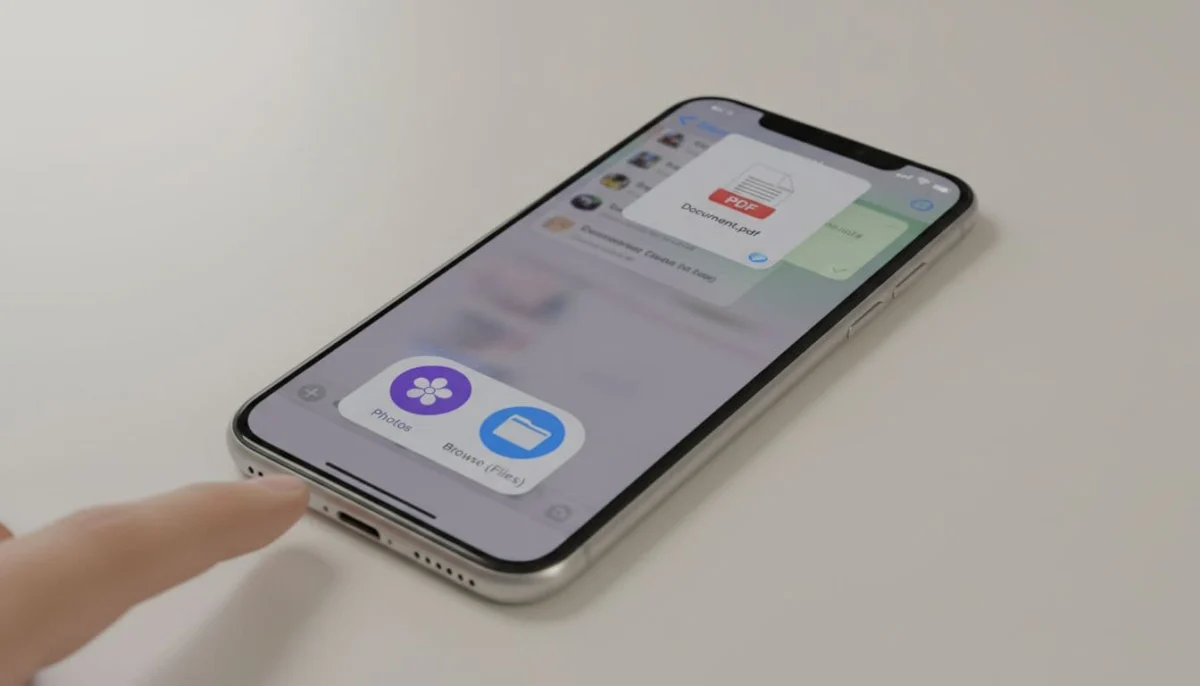 iPhone screen in Viber chat with attachment menu open, displaying Photos and Browse (Files) options, selecting a PDF document thumbnail from the Files app. Realistic iOS UI in landscape composition on a desk with soft office lighting.