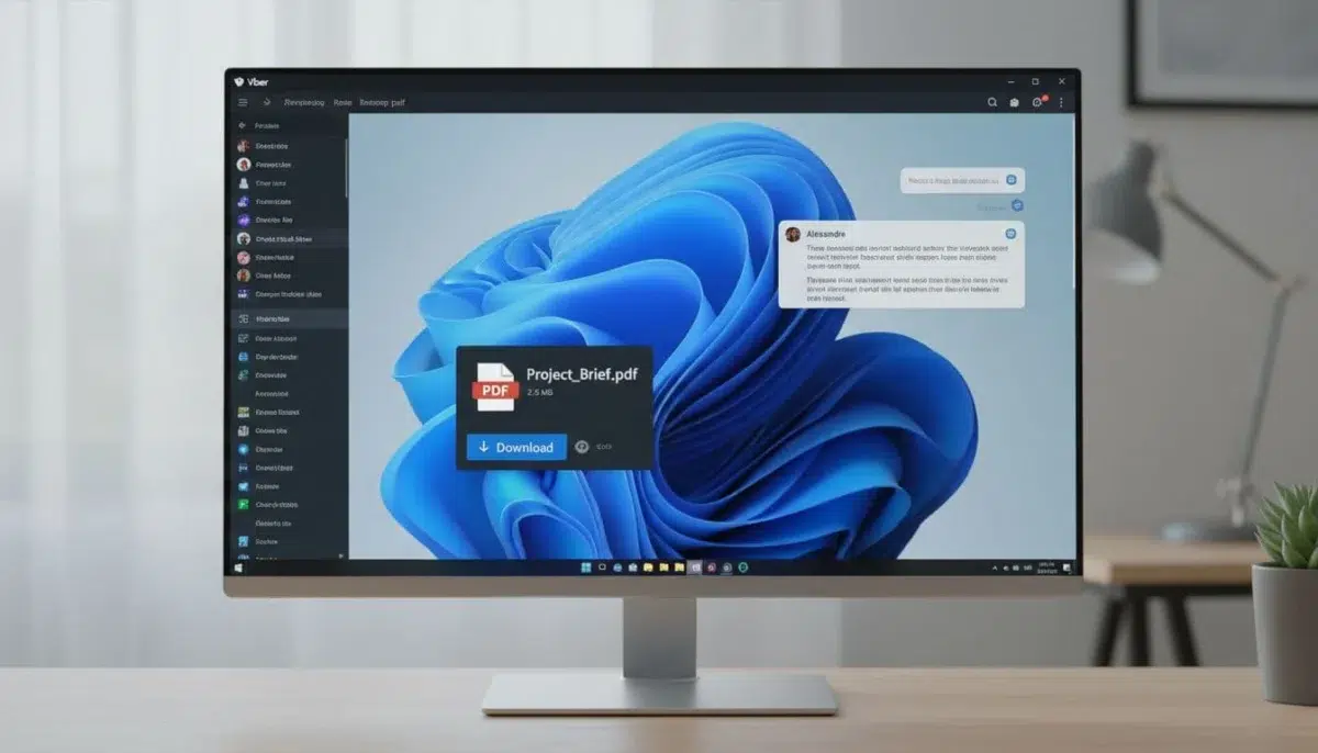 Windows desktop screen with Viber Desktop open, showing chat window with PDF file thumbnail and download button visible. Realistic software interface in a clean workspace with natural daylight lighting.
