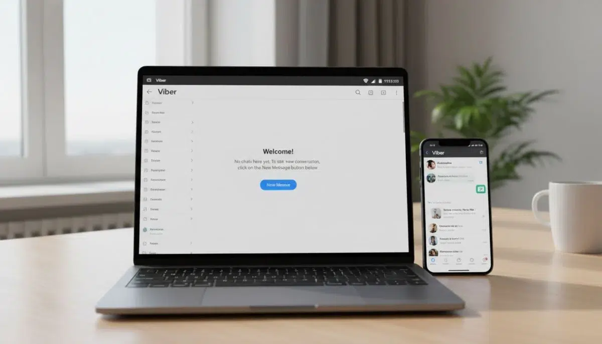 Smartphone and laptop side by side on a wooden desk in a bright home office, showing Viber interfaces where the desktop chat is empty while the phone displays messages and files, highlighting a common sync discrepancy.