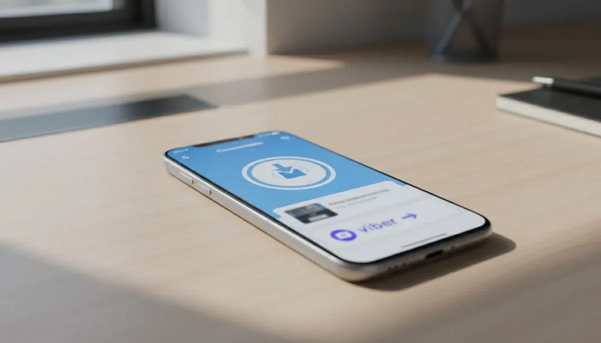 Mobile phone screen showing file compression app reducing a large video file size before Viber send, phone resting on table in simple workspace, realistic interface glimpse at angle without readable text, natural indoor lighting, focus on compression process icon.