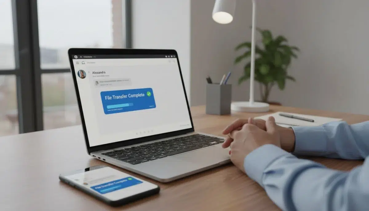 Smartphone and laptop on a desk displaying successful Viber chat file transfer, with relaxed hands nearby in a modern office setting under natural lighting. Exactly one phone and one laptop, no extra devices, no text or logos.