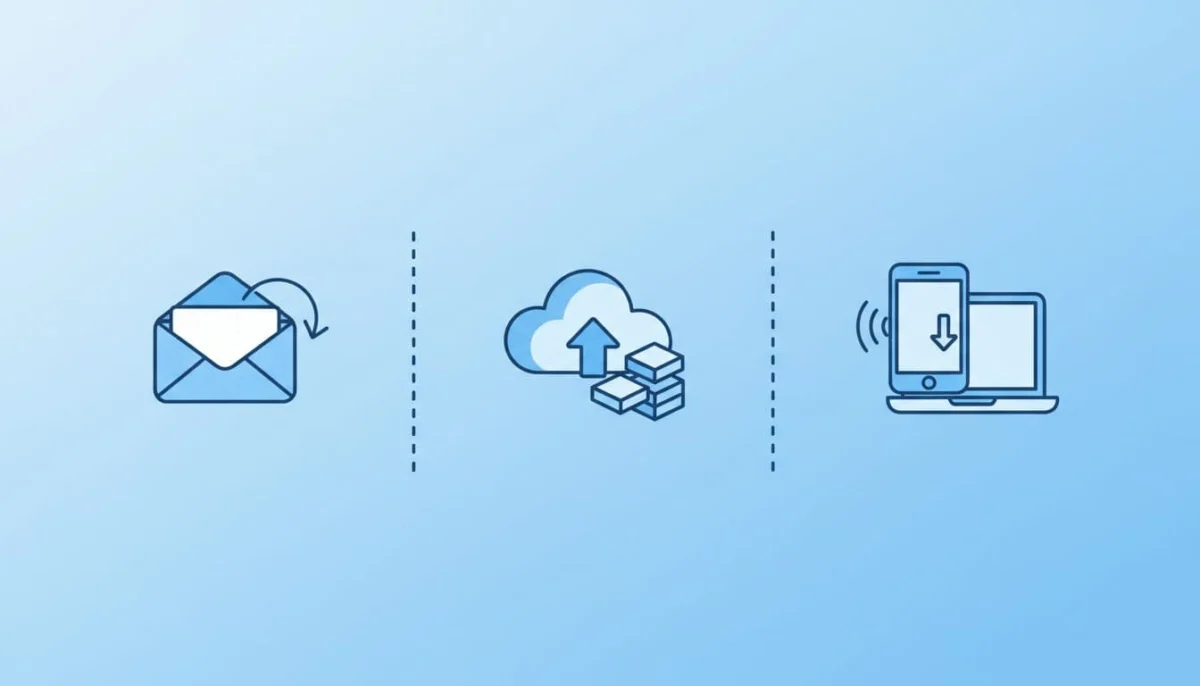 Icons of email, cloud storage services like Google Drive and Dropbox, and AirDrop between Apple devices, arranged in a comparison layout on a clean background in simple illustrative style, no text or people.