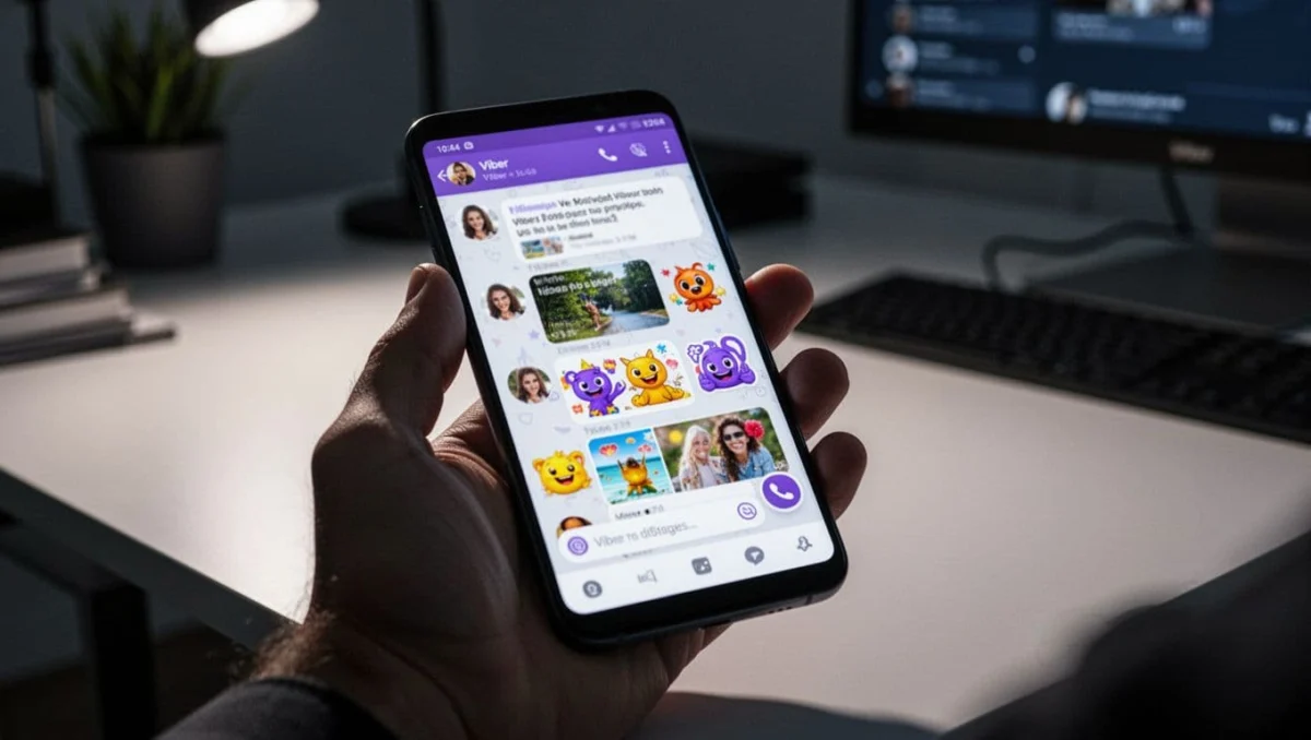 A single hand holds an Android phone displaying a slightly angled and blurred Viber group chat interface with hinted vibrant stickers and photos icons, sharp focus on the phone against a modern office desk background with cinematic high contrast side lighting.