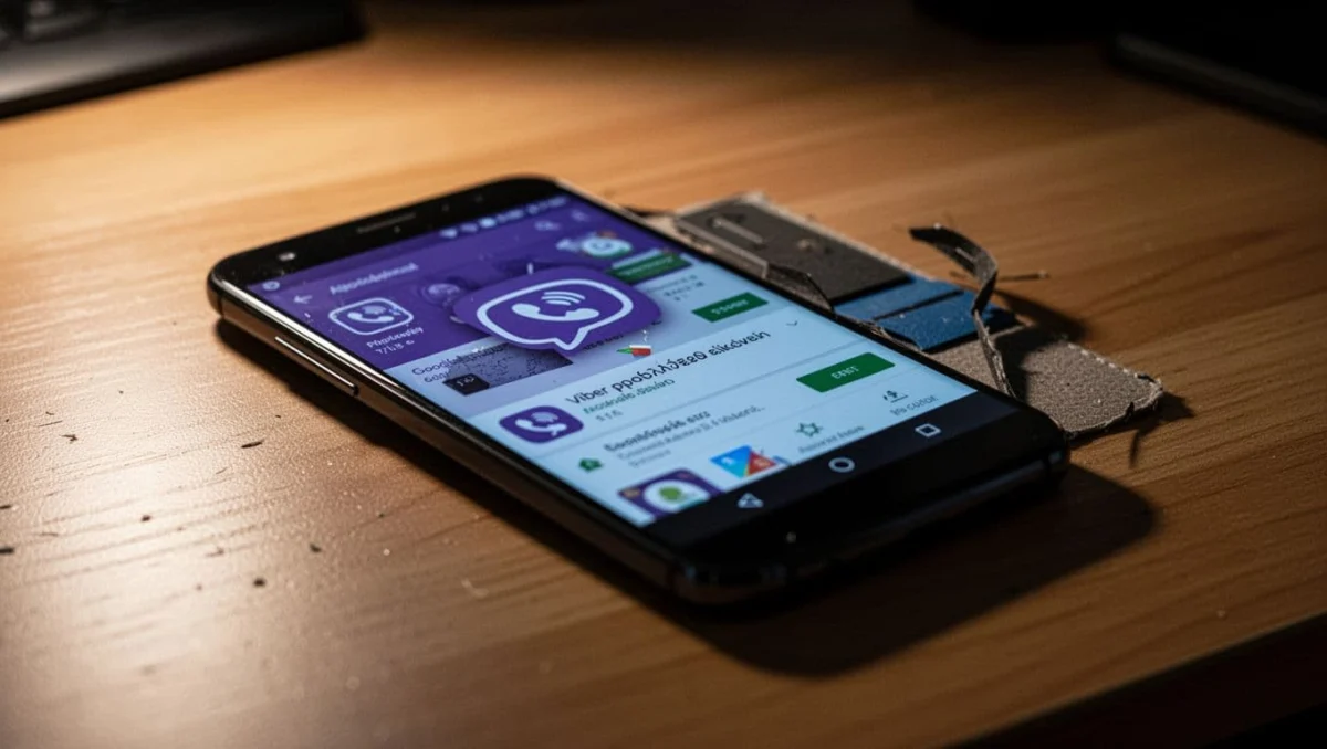 Android smartphone on wooden desk showing blurred Google Play Store download error for Viber app, cinematic high contrast lighting with sharp focus.