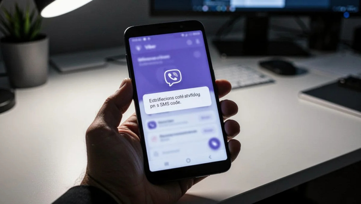 Close-up of an Android phone held relaxed in one hand, screen showing blurred Viber verification error prompt for no SMS code received, modern desk background with dramatic high-contrast cinematic lighting.