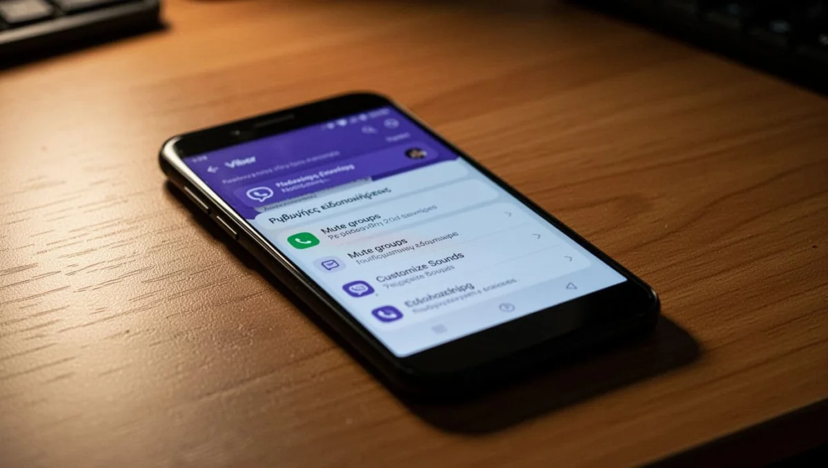 Android smartphone resting on a wooden desk with screen showing blurred Viber app notification settings menu, including options like mute groups and customize sounds, under cinematic high contrast side lighting with sharp focus on the phone.