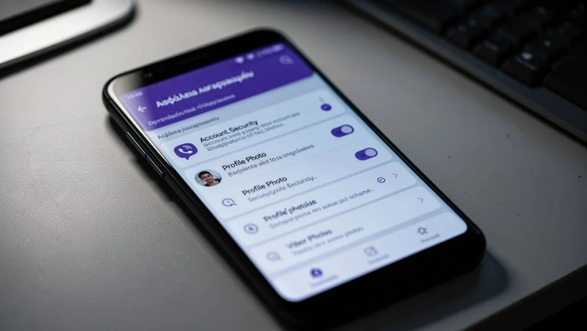 Close-up of Android phone screen at slight angle showing blurred Viber privacy settings interface with account security and profile photo controls, on modern desk background with cinematic dramatic lighting.
