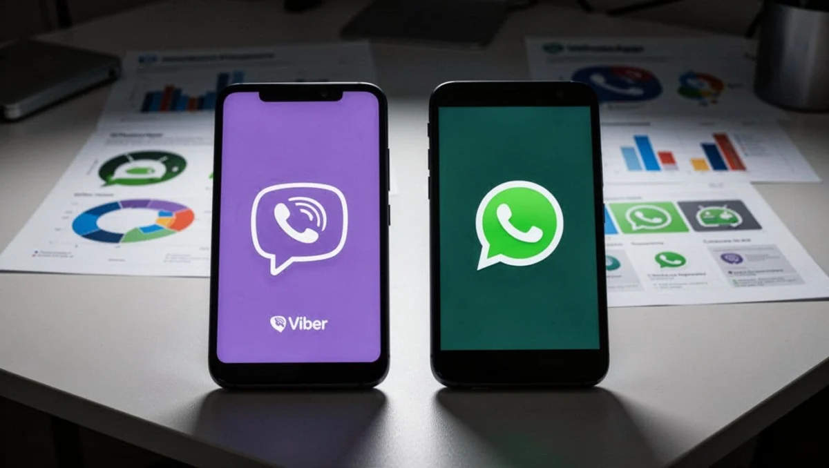 Two Android smartphones placed side by side on a modern desk, one prominently displaying the Viber app icon and the other the WhatsApp icon, with subtle comparison charts in the cinematic background featuring strong contrast and dramatic side lighting.