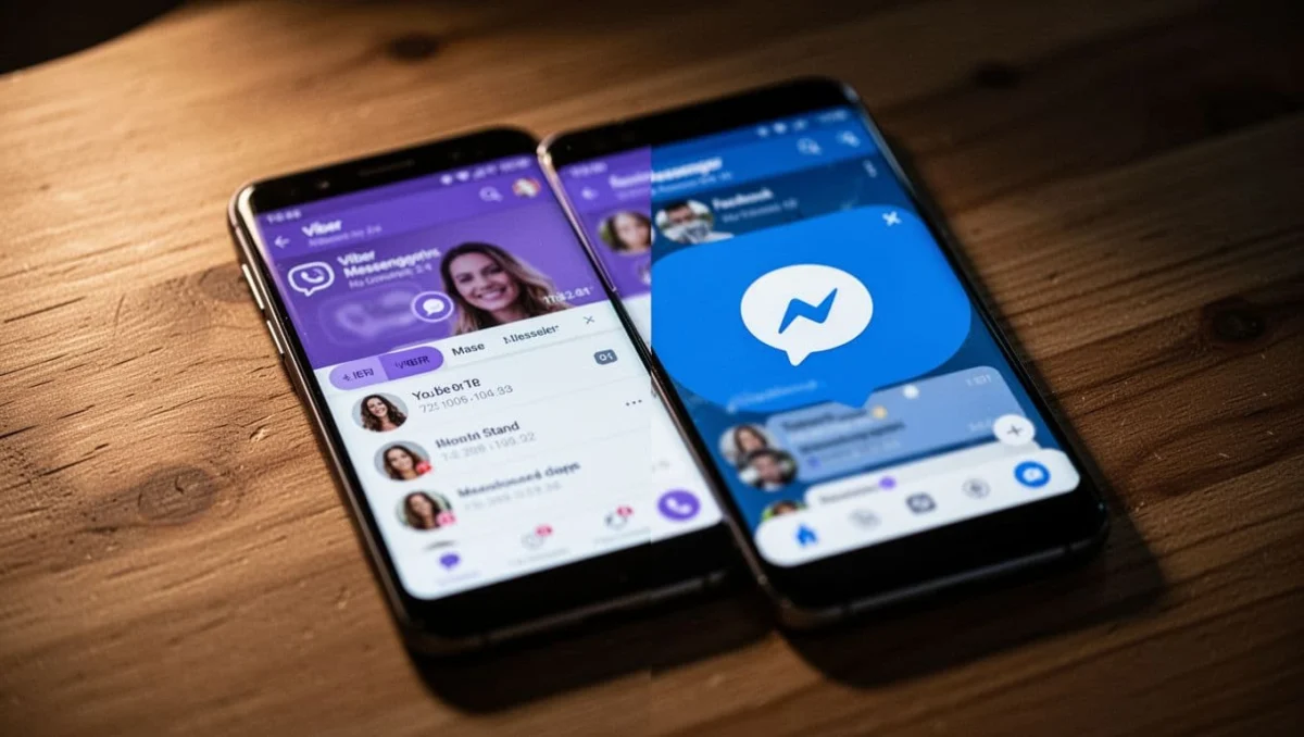 Android phone screen split showing Viber interface on one side and Facebook Messenger on the other, resting on wooden surface with focus on phone, blurred screens, and cinematic high contrast dramatic lighting.