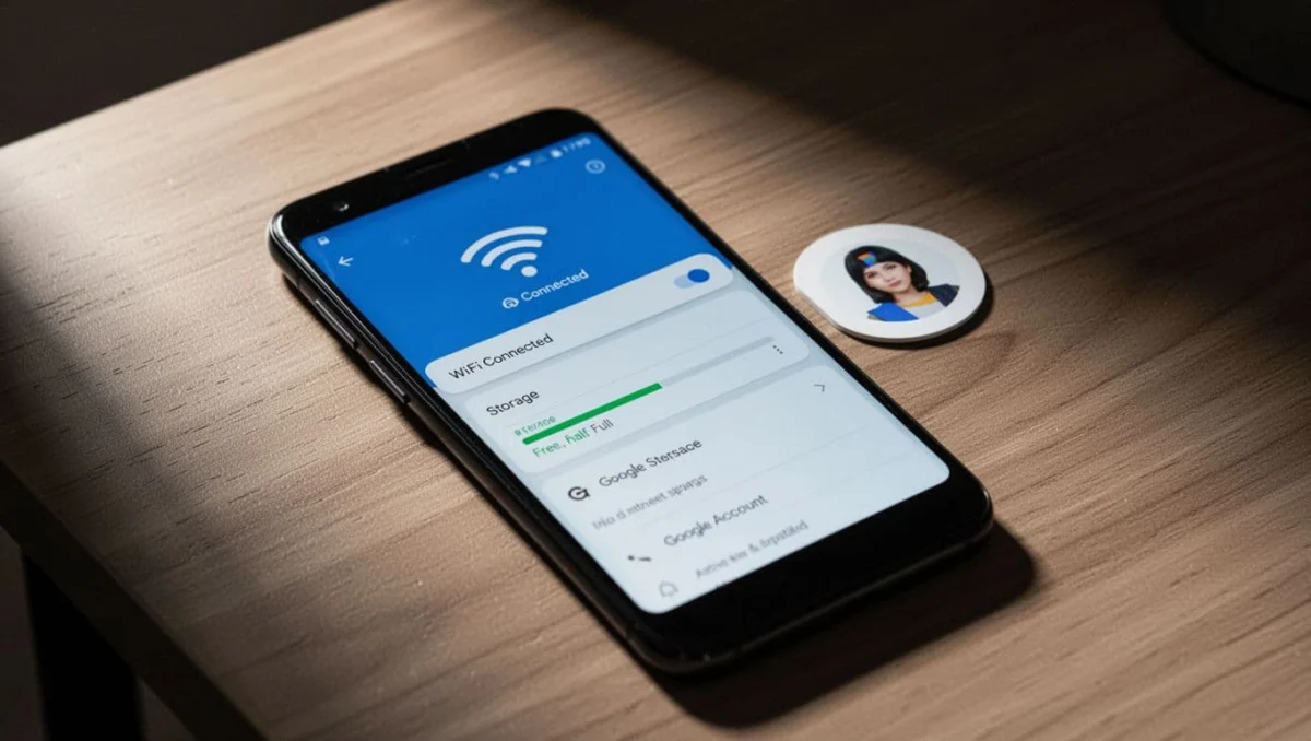Close-up angled view of an Android smartphone on a wooden desk, screen showing WiFi connected icon, storage settings with at least half free space, and Google account profile icon.