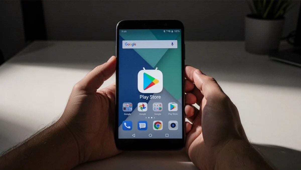 Android smartphone held relaxed in one hand on a simple desk, displaying home screen with Google Play Store app icon clearly visible and highlighted in a clean modern interface.