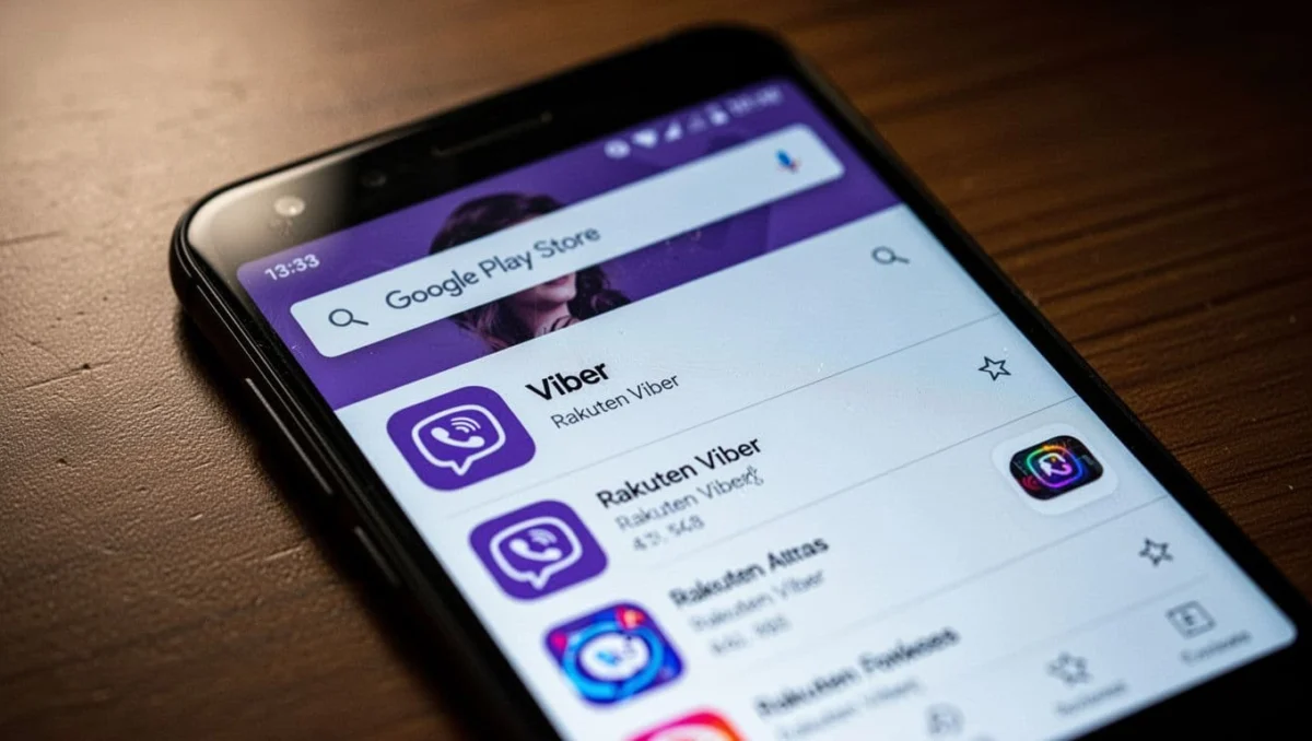 Close-up of Android phone screen in Google Play Store with 'Viber' typed in search bar, official Rakuten Viber app at top of results, prominent colorful icon, phone angled on table with dramatic lighting.