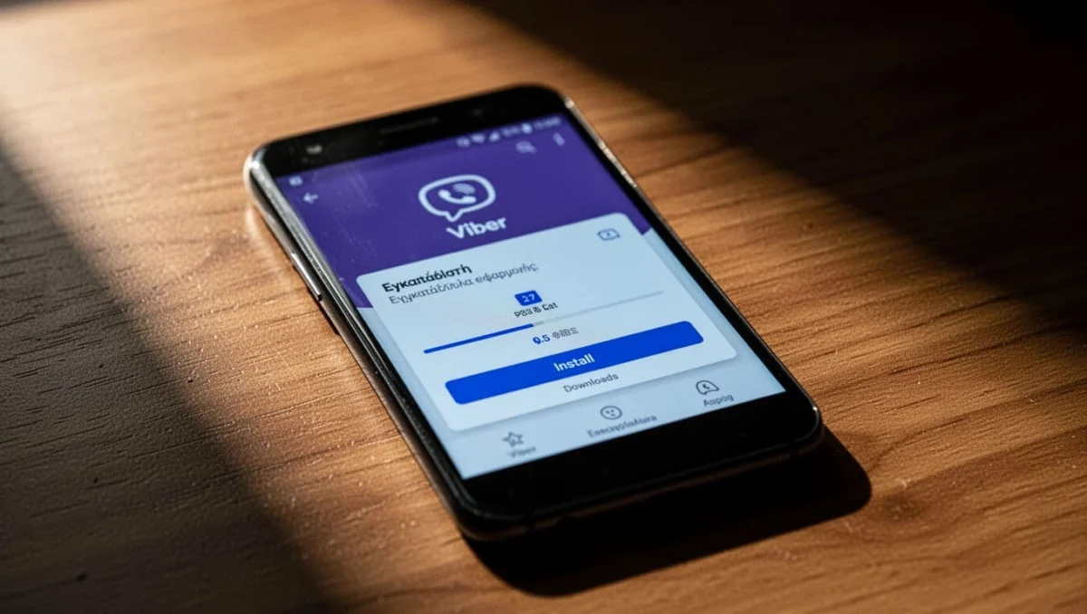 Android phone screen showing Viber app download page with pressed blue Install button and active progress bar, resting on wooden surface with cinematic side lighting and depth of field.