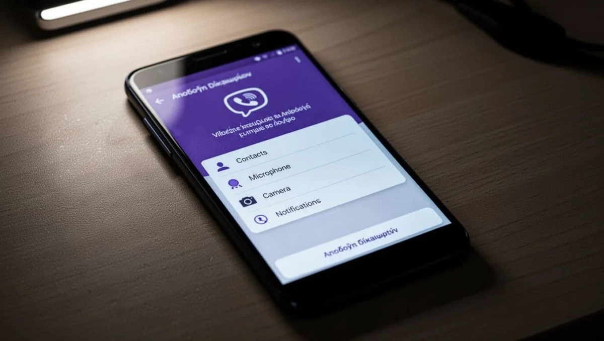 Android phone screen showing Viber permissions popup requesting access to contacts, microphone, camera, and notifications, with a simple interface at a slight angle on a desk under cinematic dramatic high-contrast lighting, focused on the permissions list.