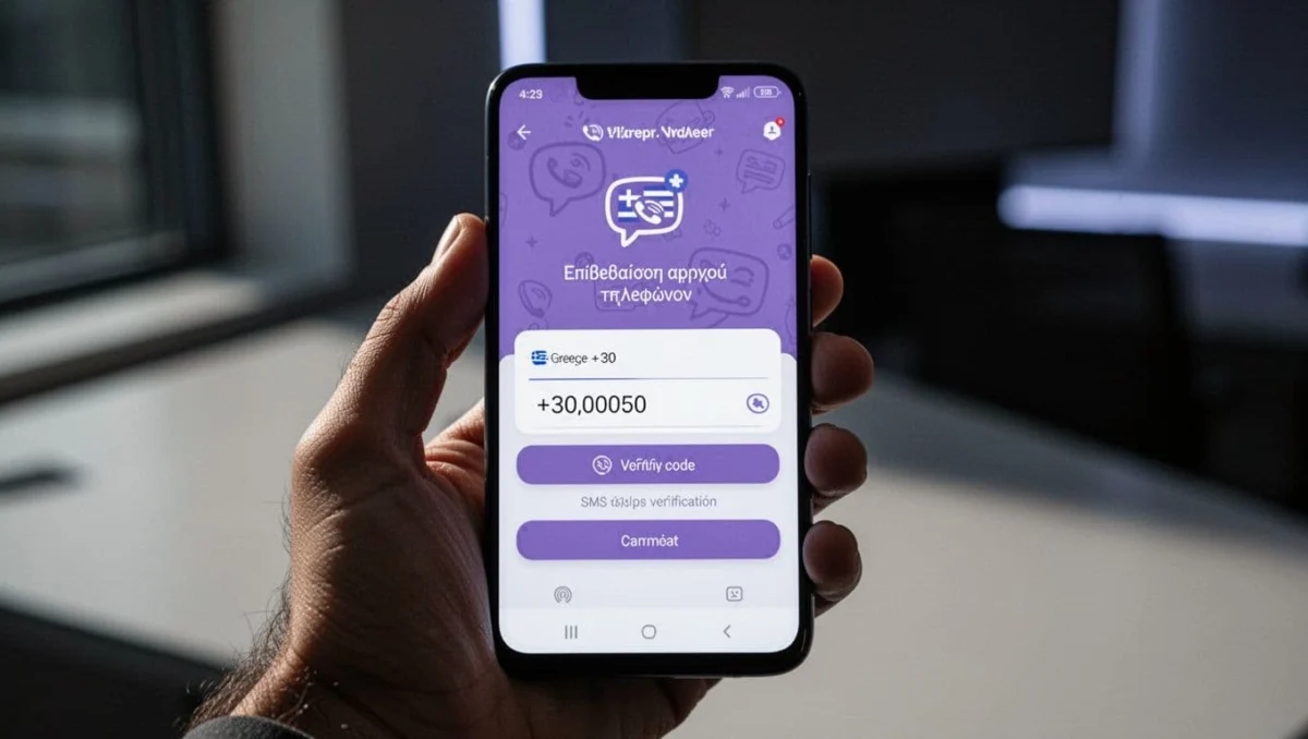 Viber app on Android device displaying phone number entry with +30 Greece prefix and SMS code verification field on a clean setup screen, held naturally in one hand with cinematic dramatic lighting.