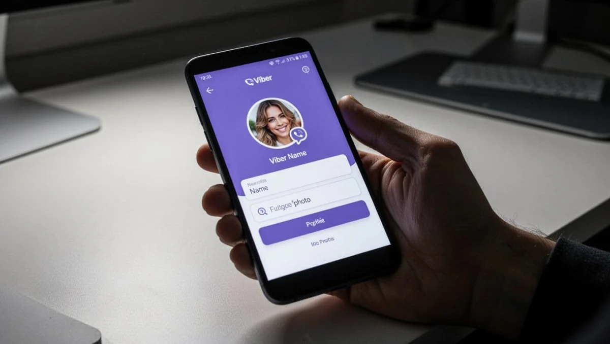 Android smartphone screen showing Viber account setup with profile photo selection and name entry fields, held in hand on modern desk in cinematic style.