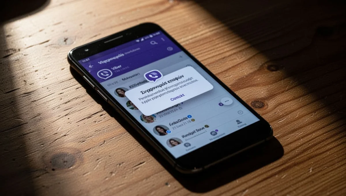 Android phone screen displaying Viber contacts sync permission prompt or synced list, resting on wooden table with cinematic high contrast lighting and sharp focus on screen.