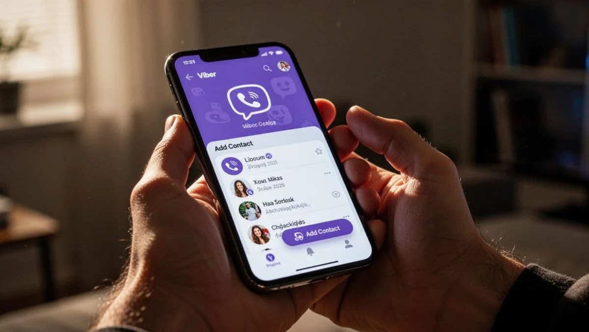 Close-up of a single relaxed hand holding a modern smartphone displaying the Viber contacts screen with add contact option visible, captured in a well-lit room with cinematic style, strong contrast, depth of field, and dramatic side lighting.
