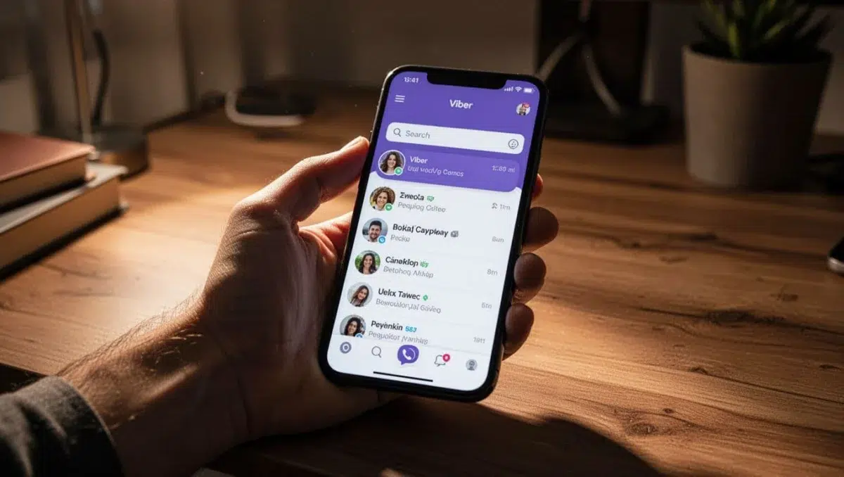 Close-up of a smartphone held relaxed in one hand displaying Viber app open to contacts list or search bar on a wooden desk in a cozy well-lit room. Cinematic style with strong contrast and dramatic side lighting illustrates common Viber contacts FAQs.