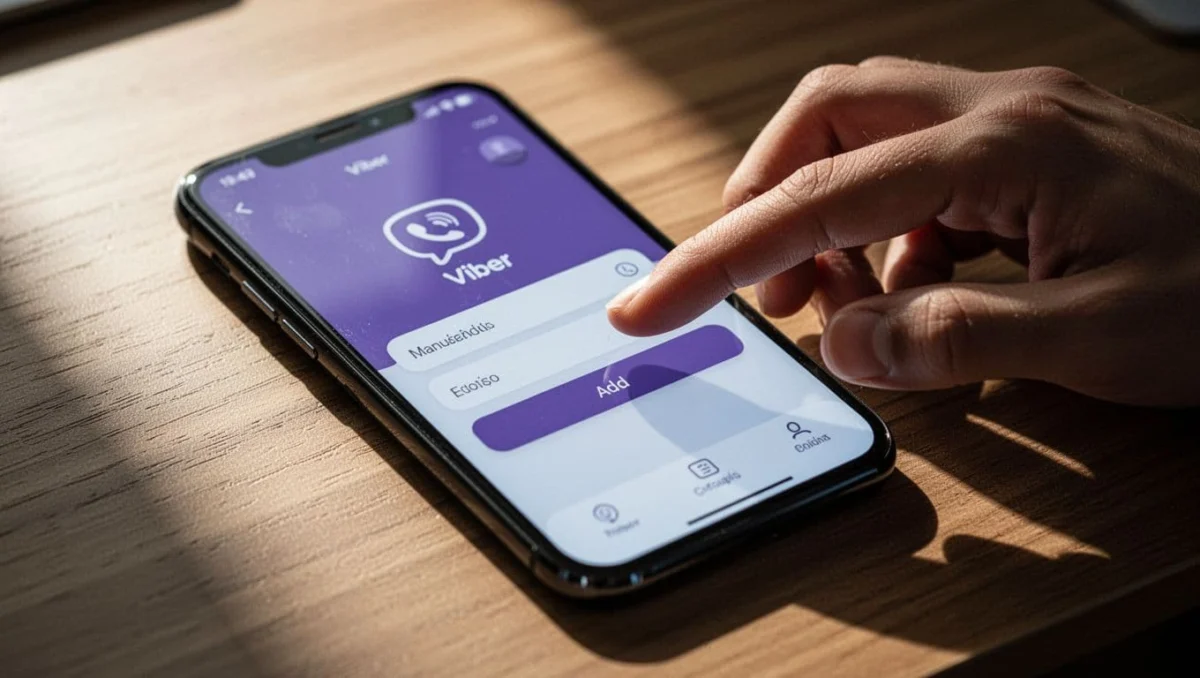 Close-up of smartphone screen showing Viber app manual contact addition interface with hand tapping add button on wooden desk, cinematic style natural light.