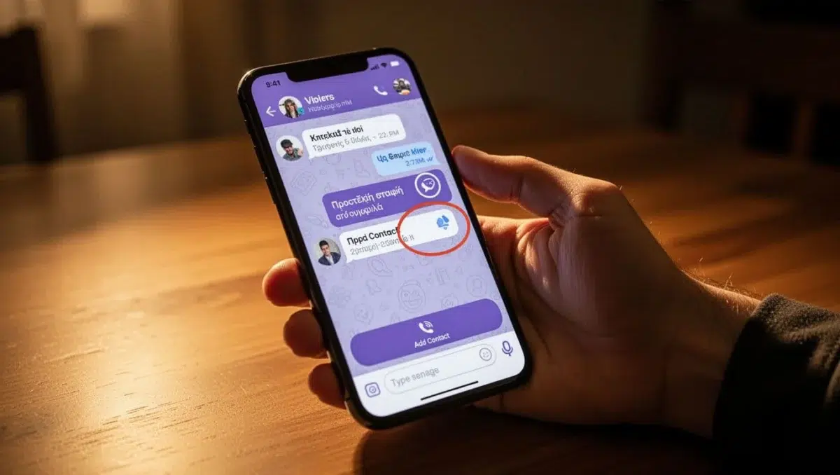 Viber chat screen displaying unknown sender message with highlighted info button for adding contact option, phone held naturally in one hand on table under warm cinematic lighting.