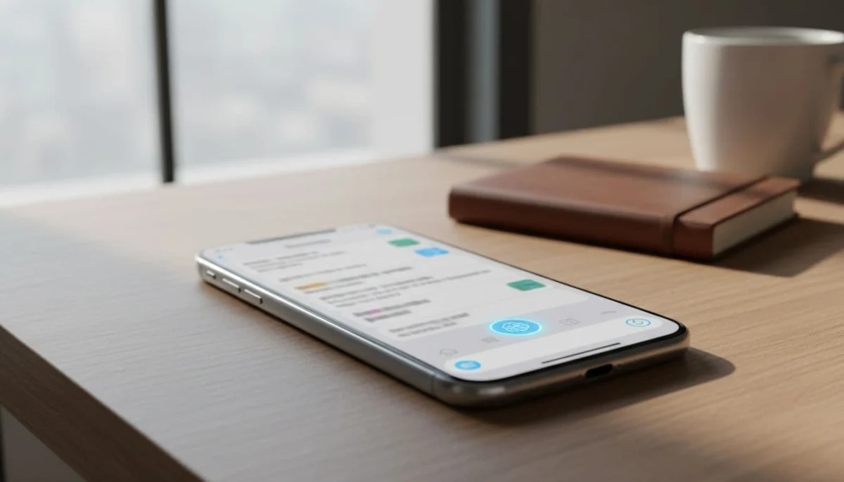 Modern smartphone on a wooden desk displaying Viber chat interface with text input bar and small AI Message Polish button next to send button. Realistic photo with soft natural lighting, notebook background, landscape composition.