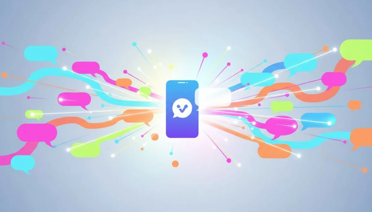 Vibrant illustration of multilingual speech bubbles in various languages morphing into a single clear message, connected by glowing lines to a central smartphone icon representing the Viber app, in modern flat design style with bright colorful lighting and dynamic composition.