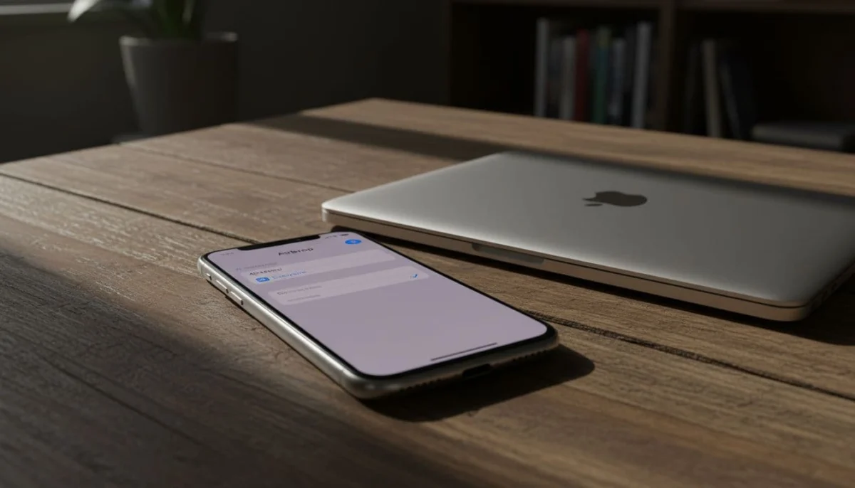 Close-up of iPhone XR on wooden table with AirDrop set to 'Everyone' and Bluetooth enabled, next to MacBook, cinematic style with dramatic lighting.