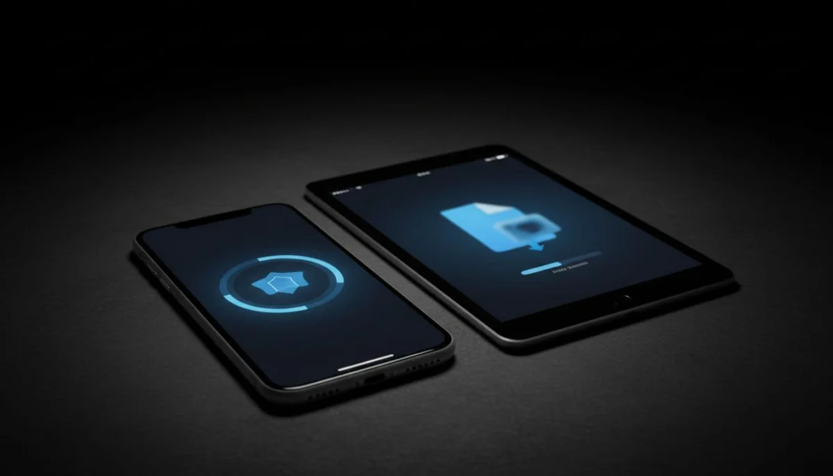 iPhone and iPad side by side on a dark background with an ongoing AirDrop file transfer, screens angled slightly away, in cinematic style with strong contrast and dramatic lighting.