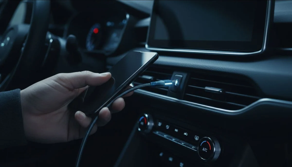 A modern car interior dashboard with an Android smartphone connected via high-quality USB cable to the infotainment port, shown with one hand gently plugging the cable in a parked vehicle. Cinematic style featuring soft dashboard glow, strong contrast, depth, and dramatic lighting in neutral dark blues and blacks, focused on the connection point.