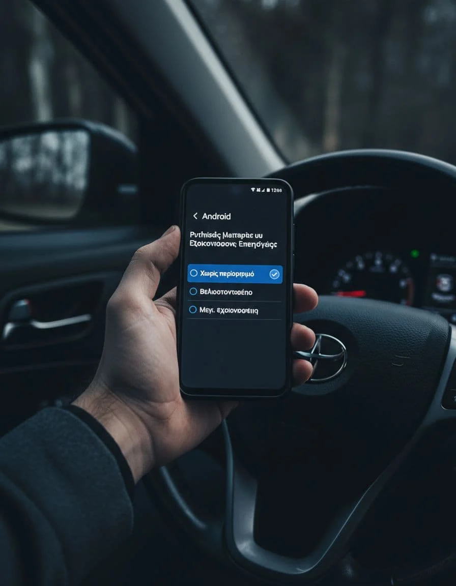 Smartphone held in hand inside parked car cabin displaying Android Auto settings menu with battery unrestricted option selected, dashboard in background, cinematic style with dramatic lighting and dark tones.