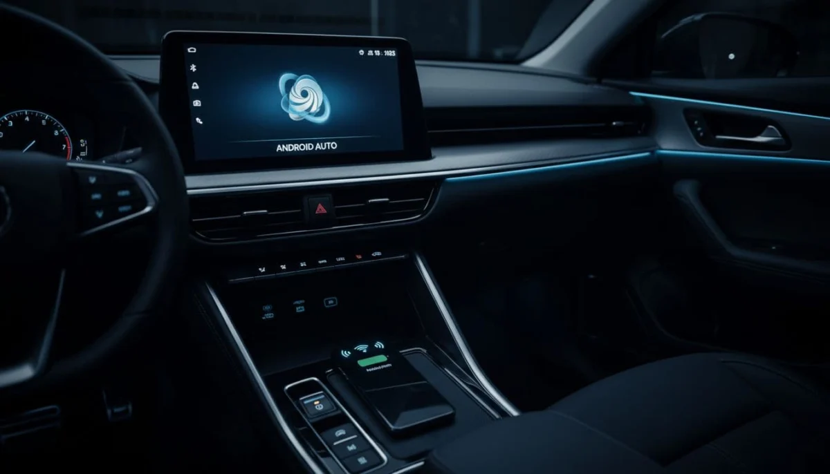 Parked car interior with smartphone on wireless charger connecting to infotainment via glowing Bluetooth and WiFi icons, dashboard showing Android Auto startup in cinematic style with dramatic lighting and neutral dark tones.