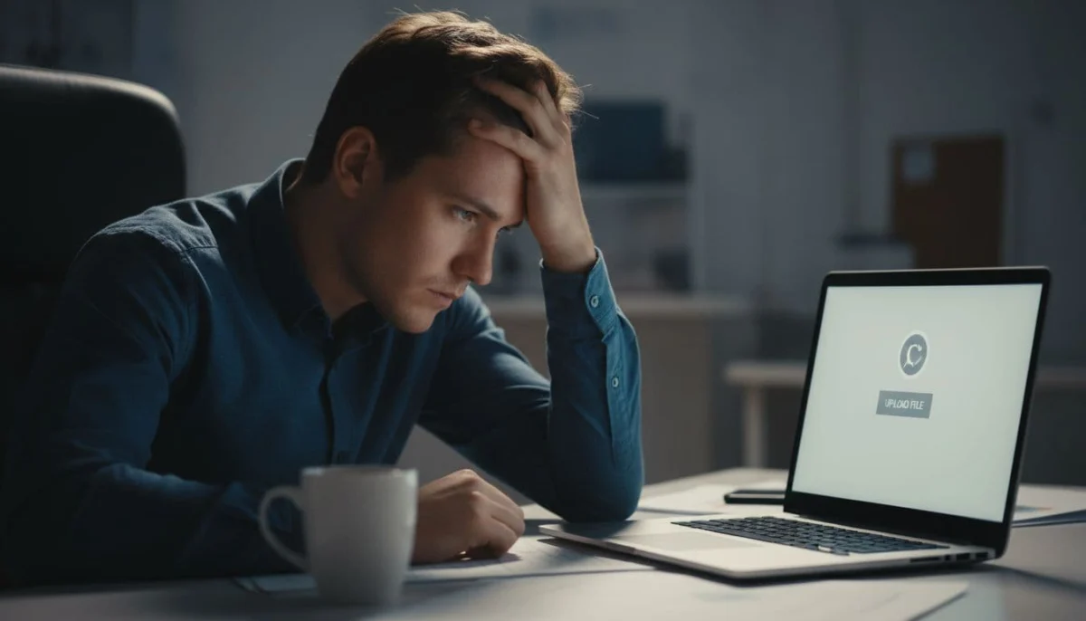 Frustrated beginner at desk with coffee tries uploading file to ChatGPT on laptop.
