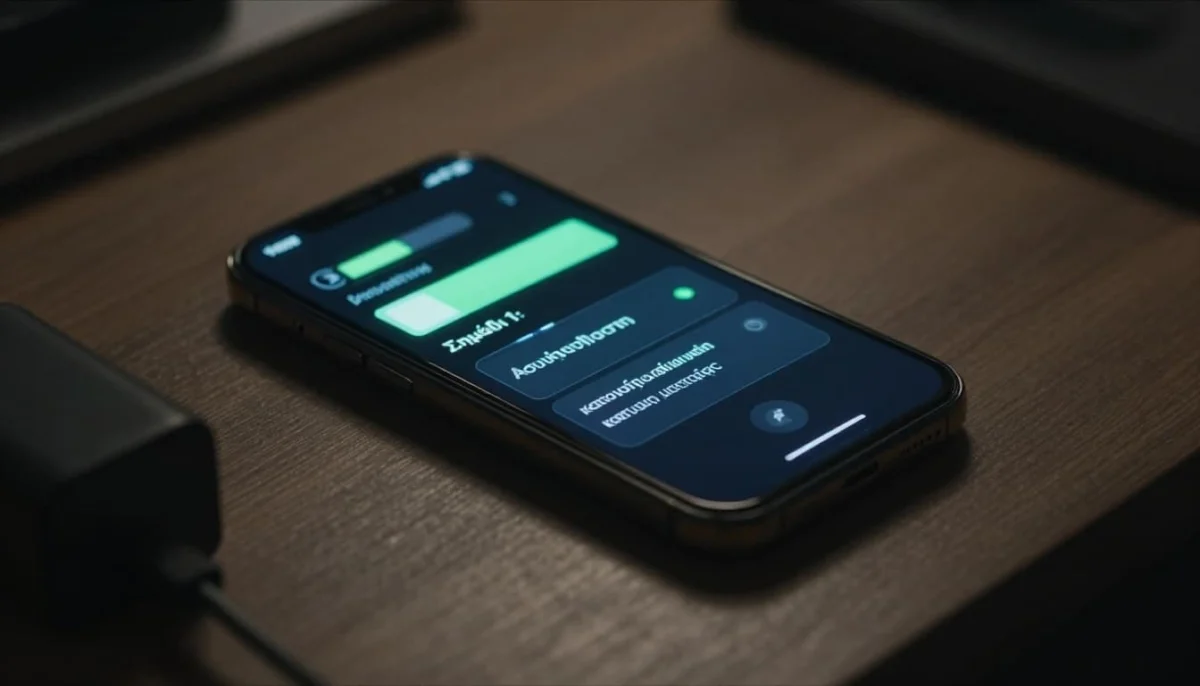 A smartphone displaying a low battery warning on its screen, placed on a desk beside a charger but still draining quickly, with a subtle background glow indicating hidden spyware activity. Cinematic style featuring strong contrast, depth of field, and dramatic side lighting casting long shadows.