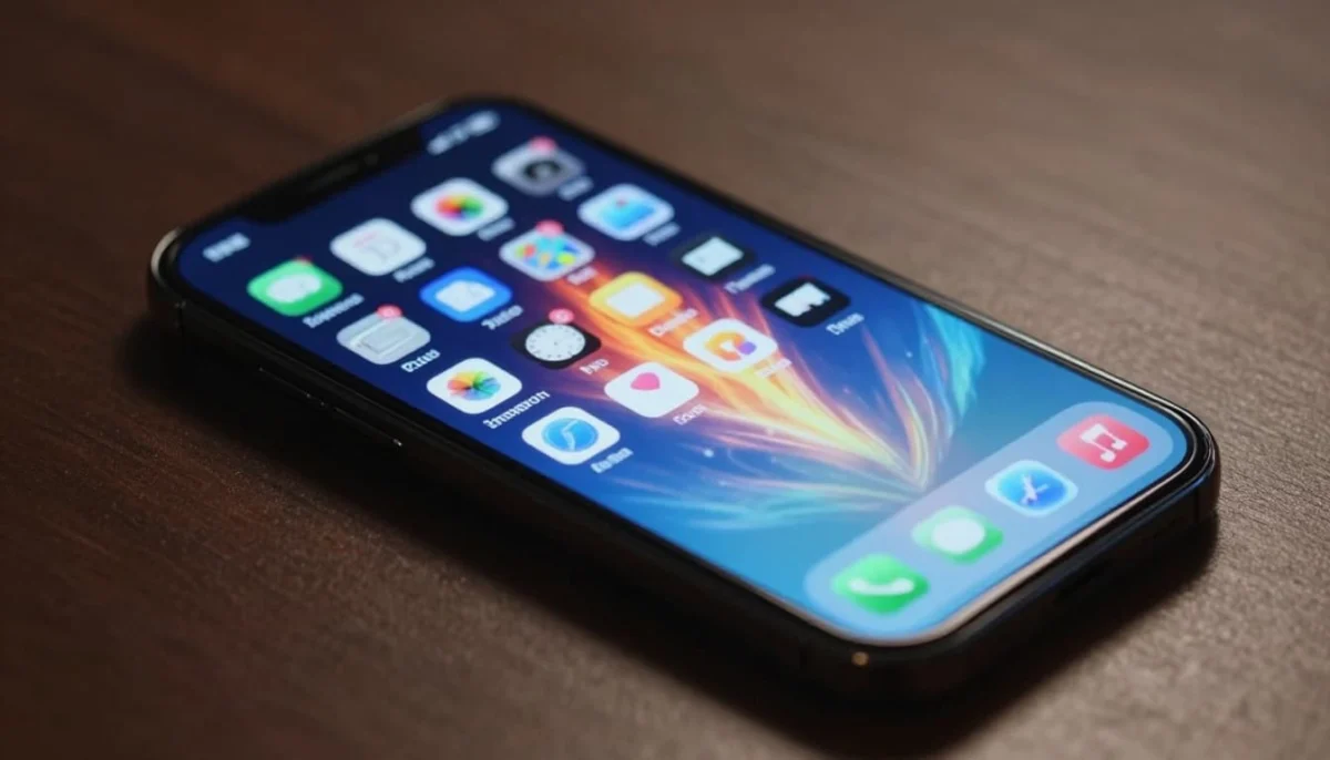 A smartphone overheating on a table in a dimly lit room, with heat waves distorting the air from the back panel, screen active with running apps, under cinematic dramatic lighting with strong contrast and deep shadows.
