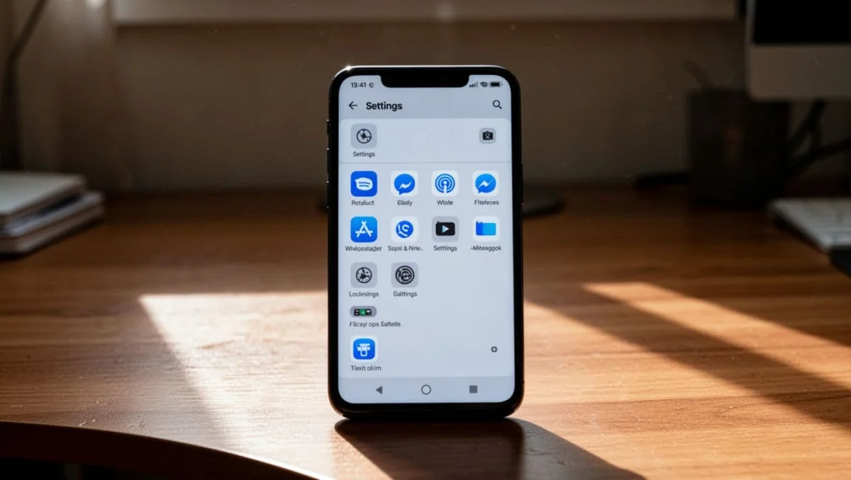 Smartphone settings screen listing unknown suspicious apps on a desk in neutral position, cinematic style with strong contrast and dramatic overhead lighting creating depth and shadows, focus on generic app icons.