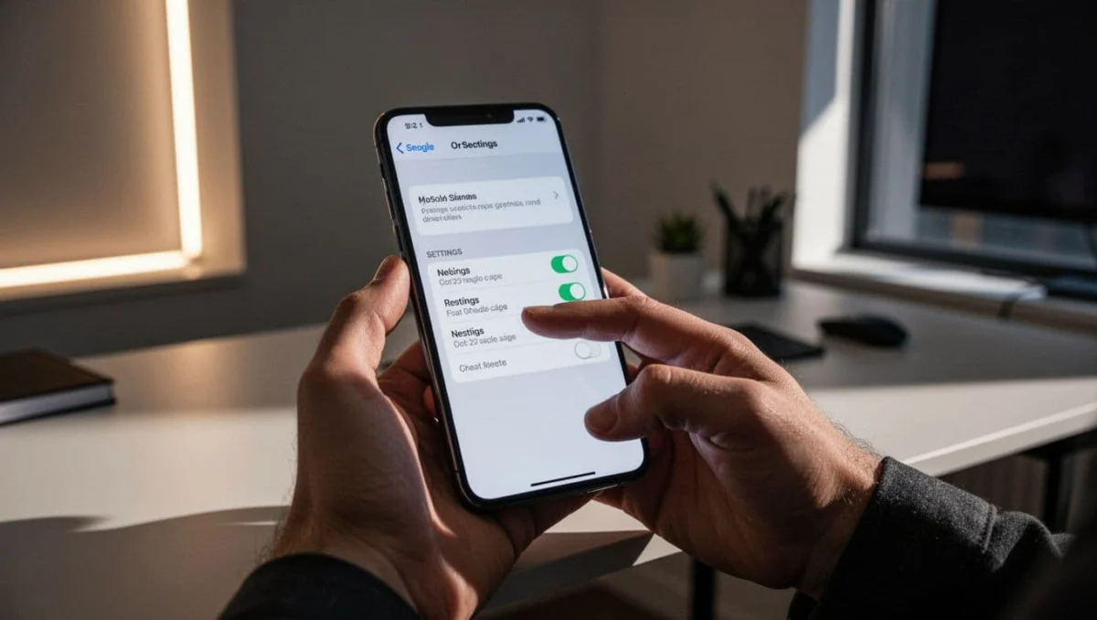 Close-up of a hand holding a smartphone displaying Instagram app settings menu for AI options, finger tapping toggle in modern home office with cinematic lighting.