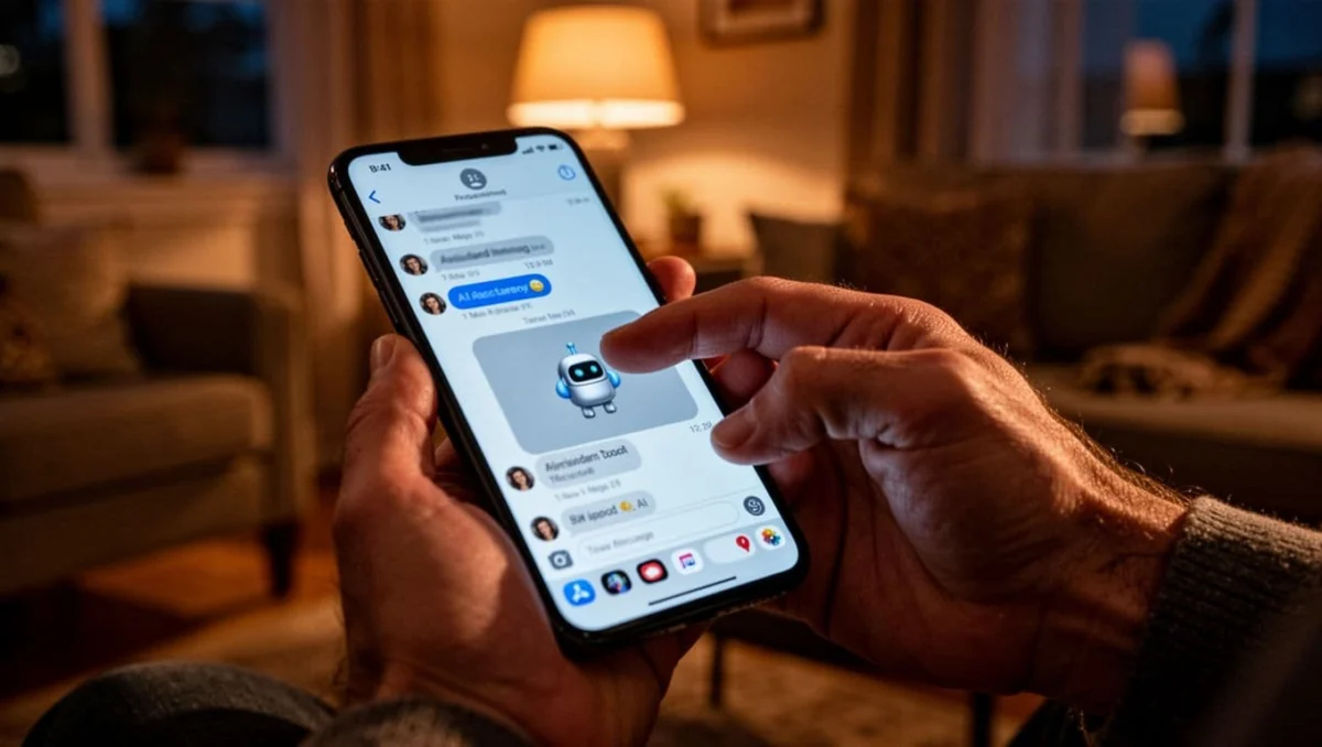 Smartphone screen showing WhatsApp chat with Meta AI disabled, hand swiping settings in cozy evening living room, cinematic style with dramatic warm lighting and strong contrast.