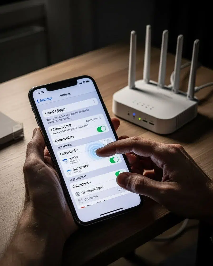 A hand toggles calendar sync options on a partially visible iPhone settings screen on a table with a nearby Wi-Fi router, in a cinematic style with strong contrast and dramatic lighting in a modern home.
