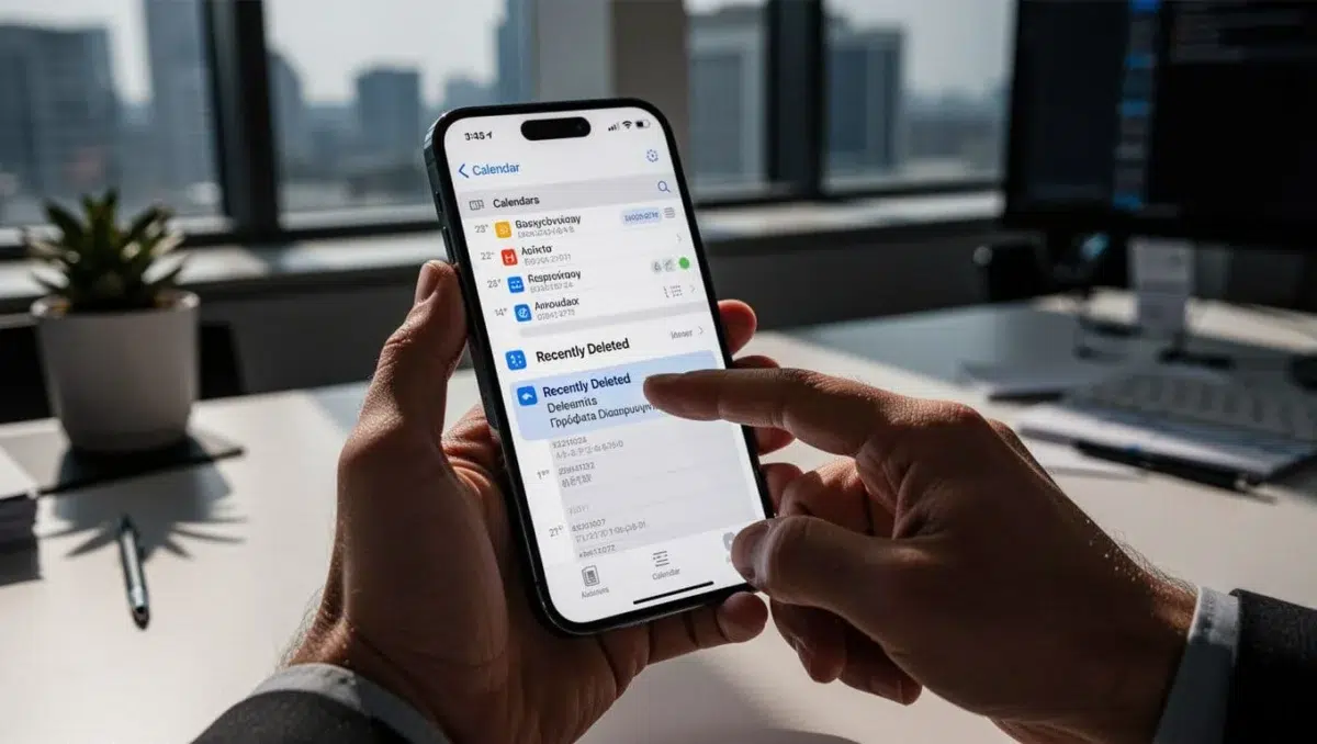 Close-up of a hand holding an iPhone 16 displaying the Calendar app open to the Recently Deleted section, with a finger tapping on a deleted event to recover it, on a modern office desk with cinematic lighting and dramatic window light.