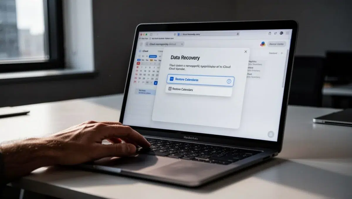 Close-up of a single hand relaxed on a laptop keyboard in a modern office, browser open to iCloud Calendar data recovery page focusing on restore calendars option, cinematic style with dramatic lighting.