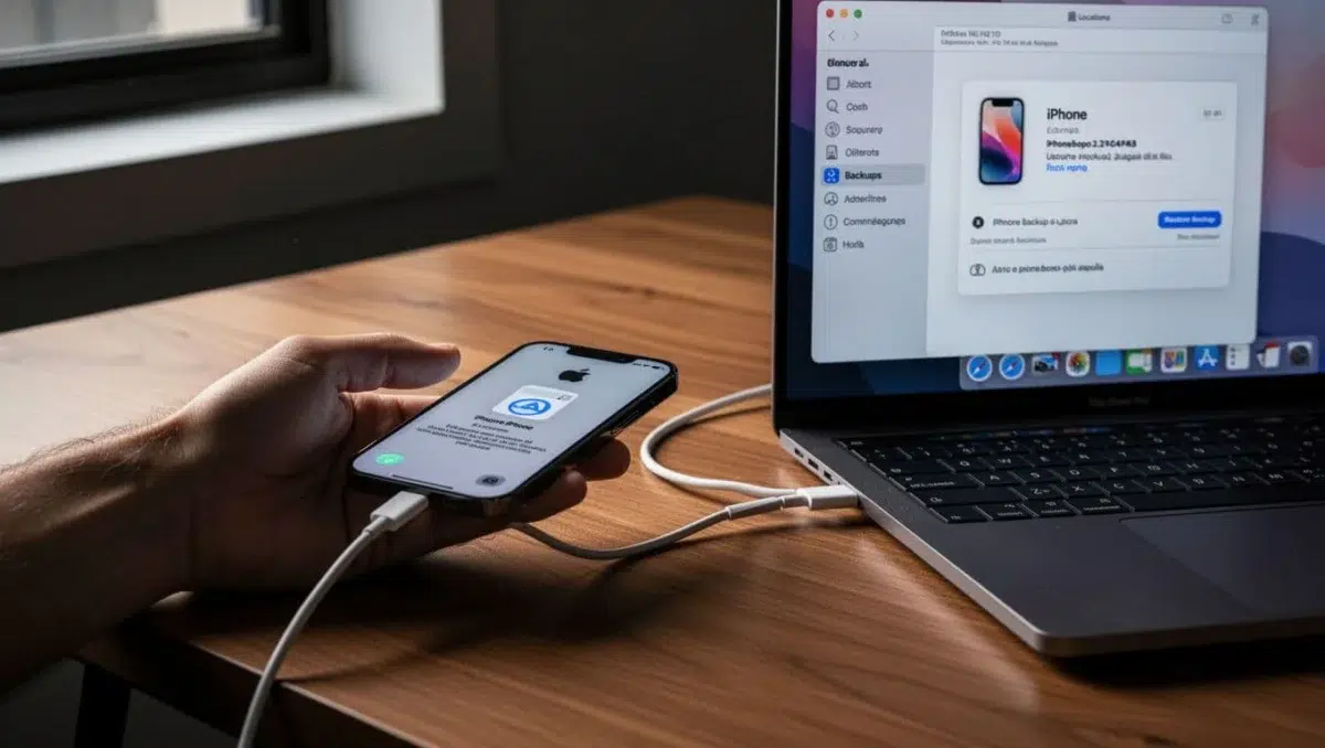 A hand connects an iPhone 16 to a MacBook Pro via USB-C cable on a wooden desk, with Finder sidebar showing the iPhone selected and General tab displaying backup options.