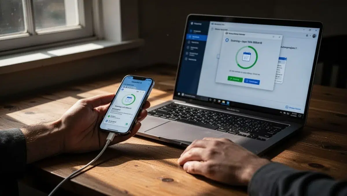 A hand connects an iPhone 16 to a Windows laptop via USB cable on a wooden desk, with recovery software showing calendar data scanning progress on screen, in cinematic style with dramatic lighting.