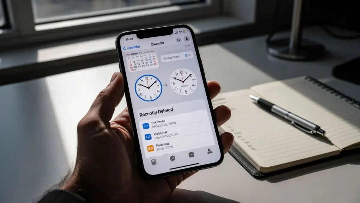 Close-up of a hand holding an iPhone displaying the Calendar app's Recently Deleted section with a timer showing event retention time, on a modern desk with notebook and pen, in cinematic style with dramatic window lighting.