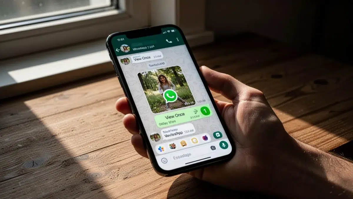 Smartphone held in one hand displaying WhatsApp chat with View Once photo message, green '1' icon on media bubble, screen hints at disappear animation, on wooden table with cinematic lighting and depth of field.
